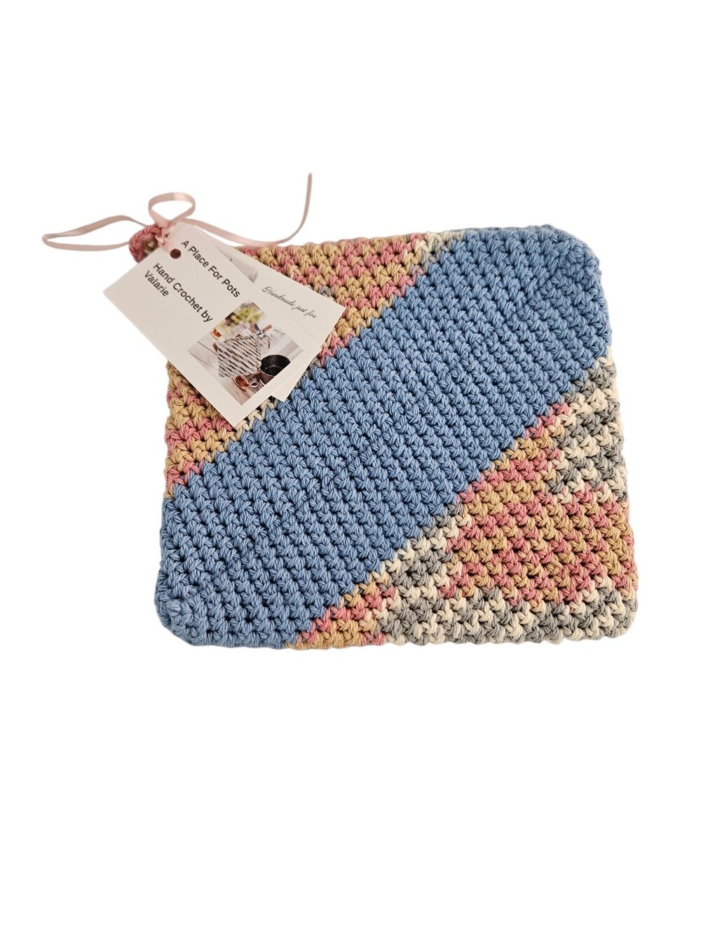 Crochet Potholder Set: Antique Blue With Rosy Cheeks Contrast Stripe